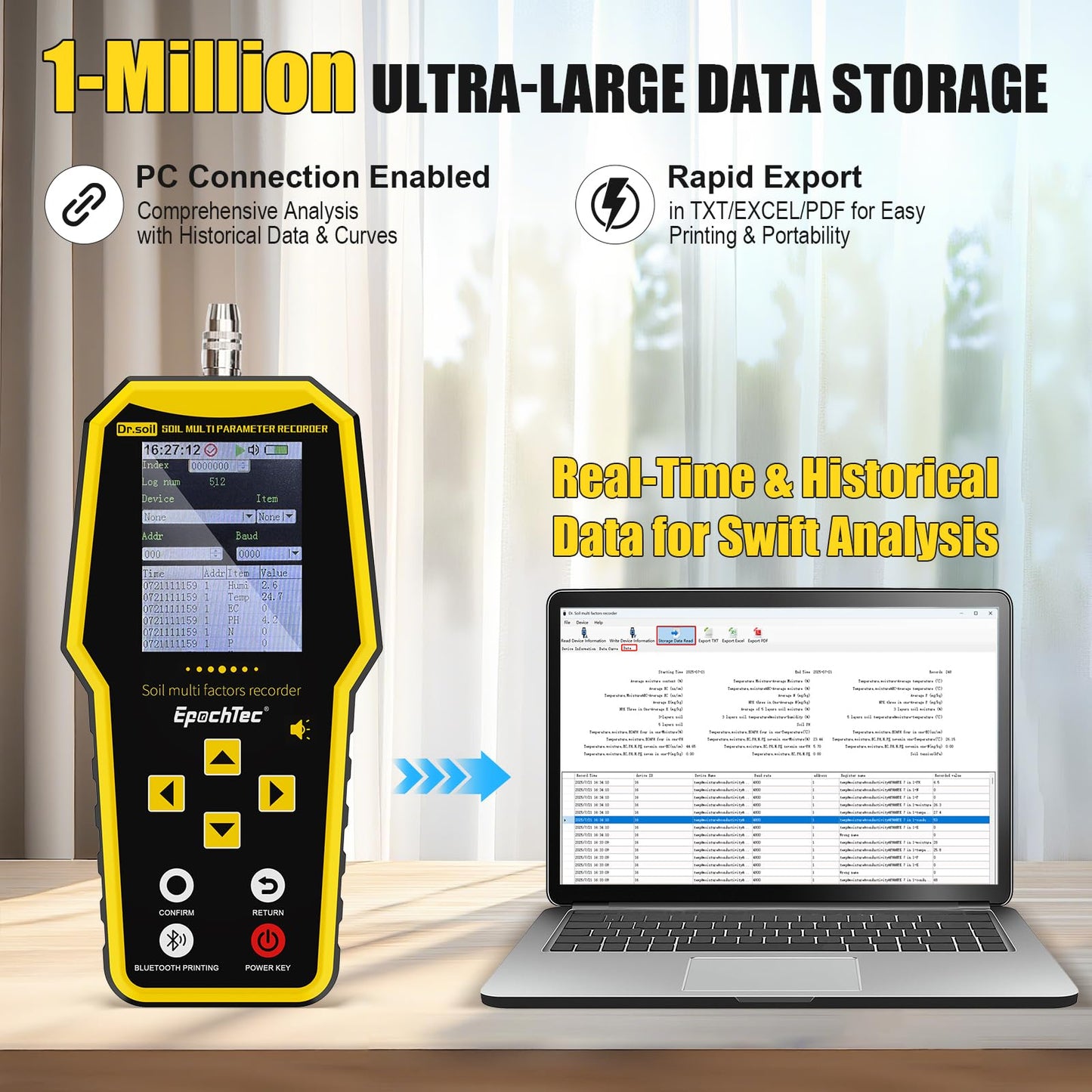 EpochTec 7 in 1 Soil Tester, ±1% High Precision Digital NPK Tester/Soil Moisture Meter/PH Tester/Temperature/EC Monitor for Agriculture, Plant Cultivation, Geological Survey with Data Storage & Export