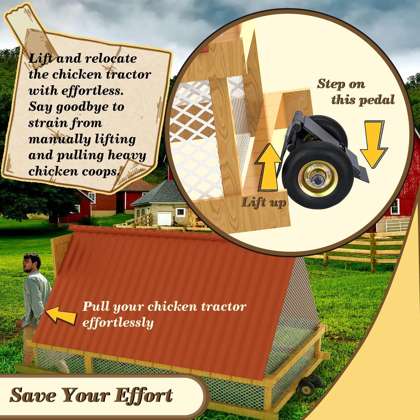 TOPOWN Chicken Coop Mover with Wheel System and Lift Design, Chicken Tractor Mobility Heavy Duty and Weatherproof, Enhancement of Safety and Durability, Easy to Use, Fit for 7ft Chicken Coop or Less