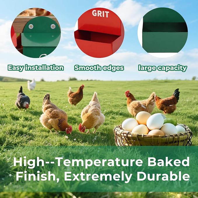 Wall Mounted Chicken Grit and Oyster Shell Feeder Set, Heavy Duty Metal Poultry Accessories with Dual Compartments, Rustproof Hanging Feed Dispensers for Coop or Fence
