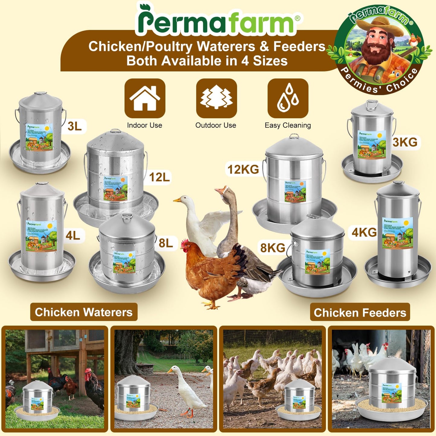Permafarm® Automatic Chicken Feeder 12KG/26.5lbs, Authentic 304 Food-Grade Stainless Steel Poultry Feeder |Heavy-Duty 0.9mm Metal Thickness, Top-Fill Design, Rust-Free & Built for Life-Long Durability