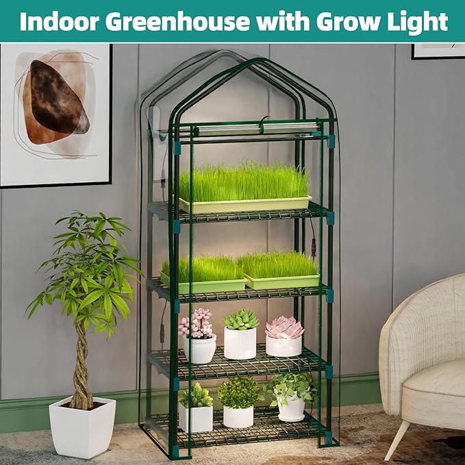 Indoor Greenhouse with Grow Lights 4 Tier Greenhouse with 4 Full Spectrum Plant Grow Lights for Early Spring Seed Germination and Indoor Growing