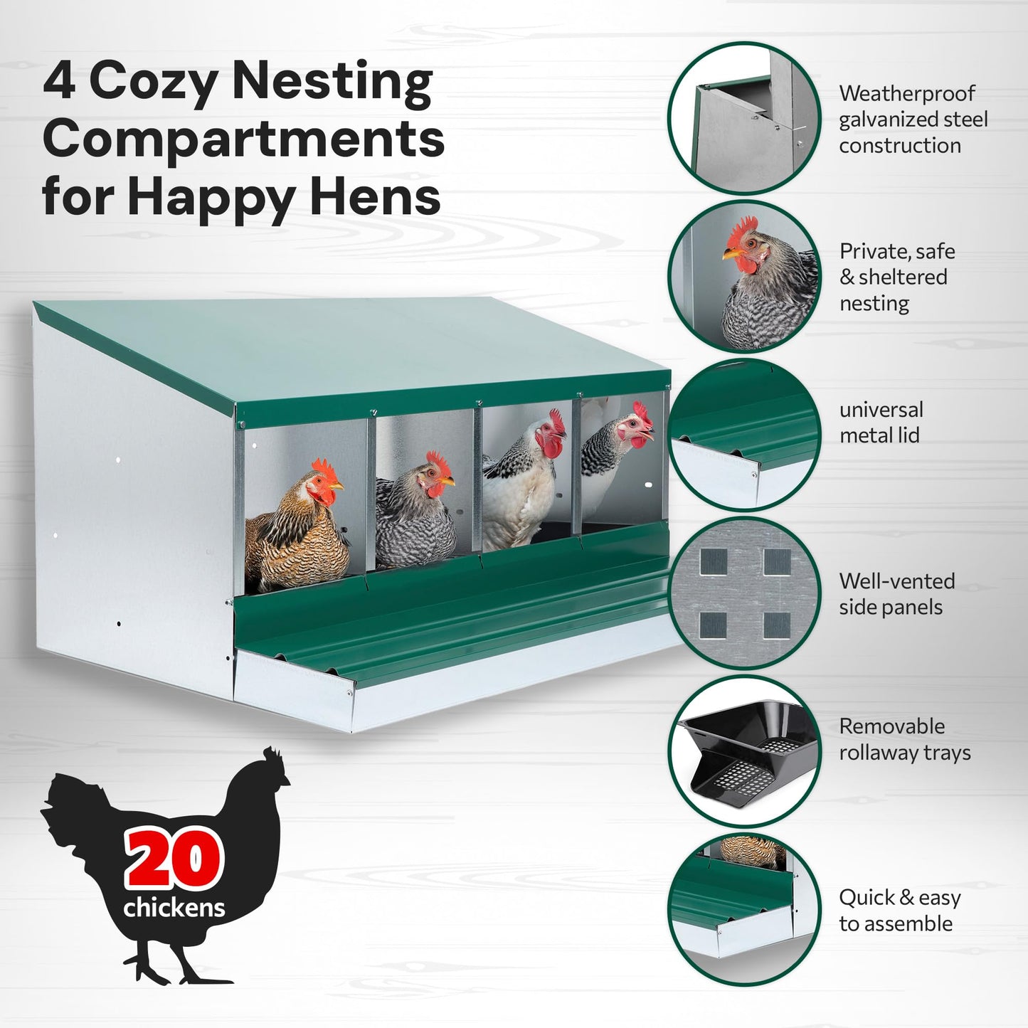 Homestead Essentials Deluxe Metal 4 Compartment, Forward Rollout & Rollaway, Hen & Chicken Nesting Box with Universal Easy Access Protective Egg Laying Collection Lid
