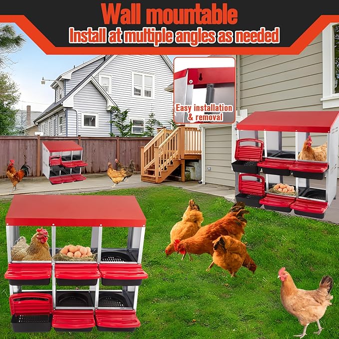 6 Hole Chicken Nesting Box - Heavy Duty Red Metal Roll Away Egg Laying Box for Hens with Perch & Ventilation - Wall Mount Poultry Coop Nest Box with Removable Tray