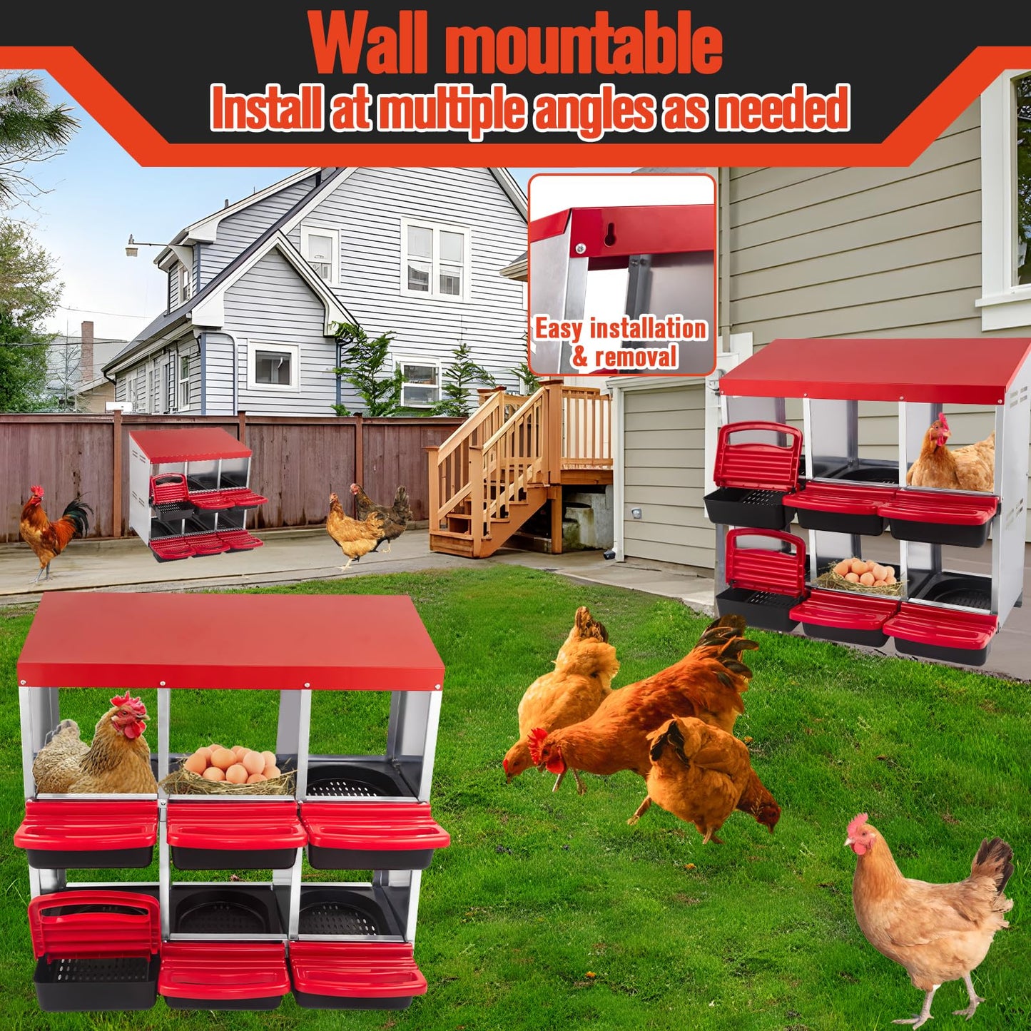 6 Hole Chicken Nesting Box - Heavy Duty Red Metal Roll Away Egg Laying Box for Hens with Perch & Ventilation - Wall Mount Poultry Coop Nest Box with Removable Tray