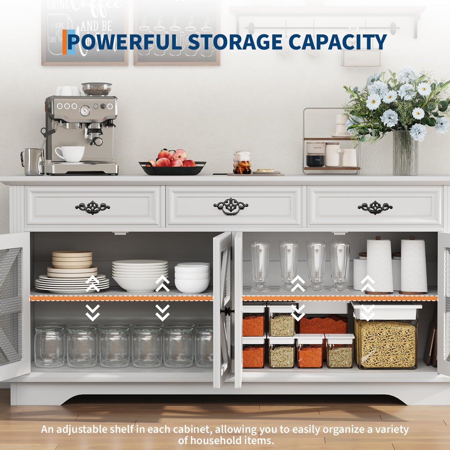 63" Farmhouse Buffet Cabinet with Storage, Sideboard Cabinet with Adjustable Shelves, Charging Station, 3 Drawers & 4 Mesh Barn Doors, Large Coffee Bar Accent Credenza for Dining Living Room- White