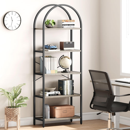 IDEALHOUSE Bookshelf 5 Tier Bookcase Arched Display Racks Tall Standing Bookshelves Metal Frame Modern Storage Rack Shelf Large Wood Book Shelf for Bedroom, Living Room, Home Office