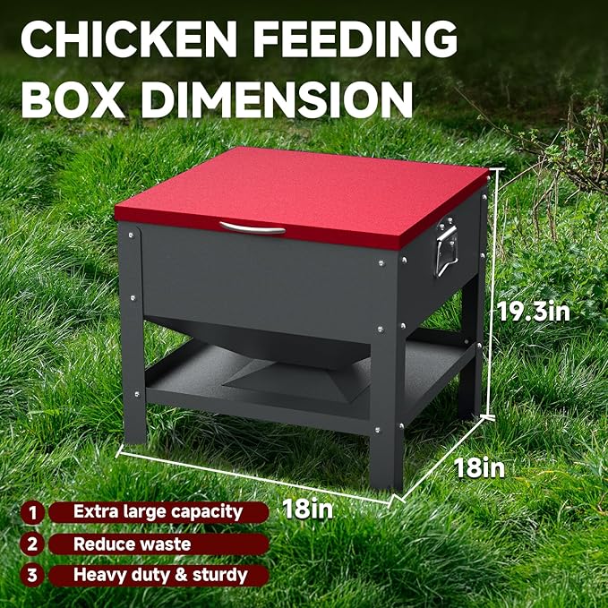 Automatic Chicken and Duck Feeder, 80 LBS Capacity Metal Chicken Feeder, Weatherproof Outdoor Gravity Feeding Barrel, No-Waste Feeder for Backyard Flock (Red)
