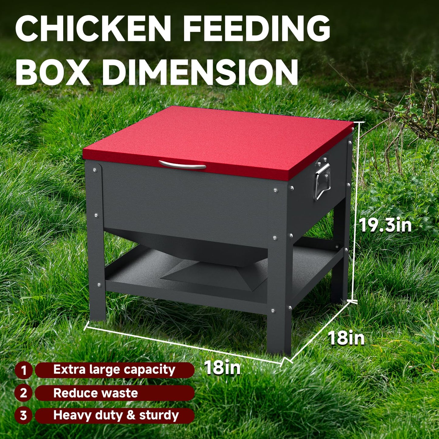 Automatic Chicken and Duck Feeder, 80 LBS Capacity Metal Chicken Feeder, Weatherproof Outdoor Gravity Feeding Barrel, No-Waste Feeder for Backyard Flock (Red)