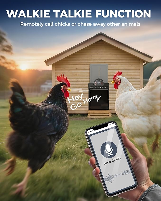 2K HD Camera Automatic Chicken Coop Door, WiFi Solar Powered Chicken Door with 9000mAh Battery, Timer & Light Sensor, Anti-Pinch Function, Security Alarm, Chicken Coop Accessories