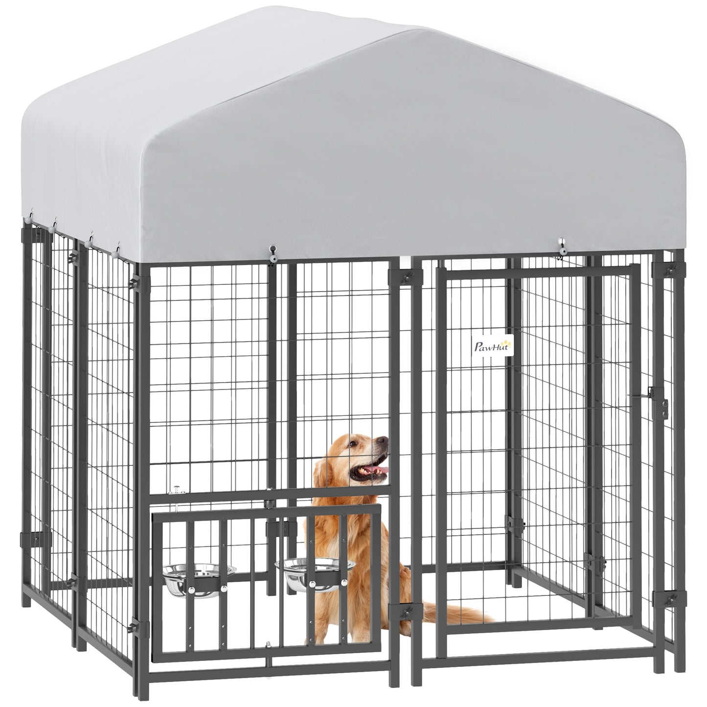 PawHut 4' x 4' x 4.5' Outdoor Dog Kennel, Welded Wire Dog Kennel Outside Run with 360° Rotating & 4 Level Adjustable Bowls, Waterproof & UV Resistant Cover, for S&M Breeds, Chickens, Ducks, Silver