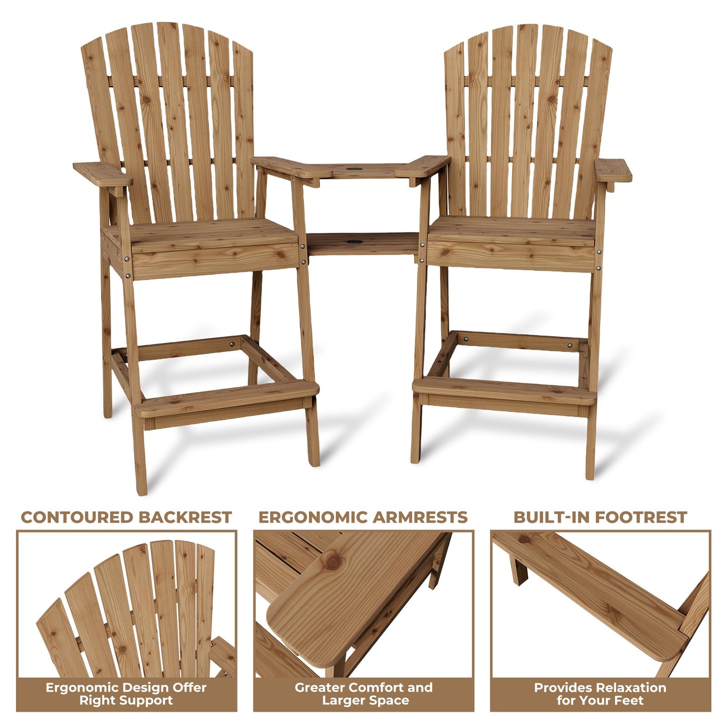 GarveeLife Outdoor Bar Height Adirondack Chairs with Connecting Tray, Balcony Chairs Adirondack for Deck, Backyard, Outdoor Tall Adirondack Chairs, Patio High Set of 4, Natural Wood