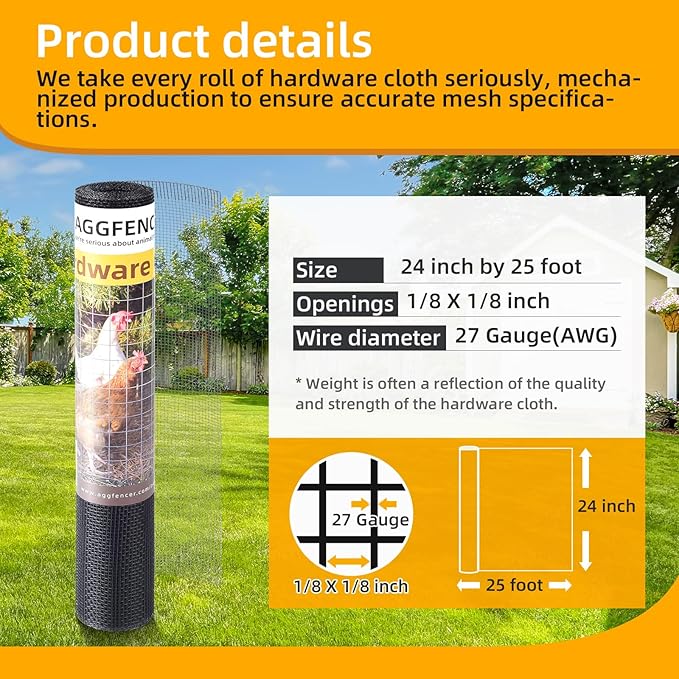 24in x 25ft Gray Hardware Cloth 1/8 inch 27Ga PVC Coated Wire Mesh Vinyl Coated Galvanized Wire Mesh Screen Roll, Welded Metal Chicken Wire Fencing, for Garden Plant Fencing Bee Screen
