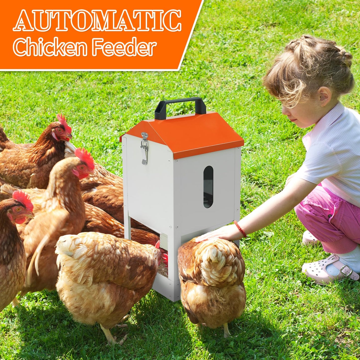 Galvanized Wall Mount Chicken Feeder No Waste Hanging Chicken Feeder with Lid Metal Automatic Poultry Feeder Trough Food Dispenser No Spill Mess Free for Chicken Duck Quail Geese Turkey