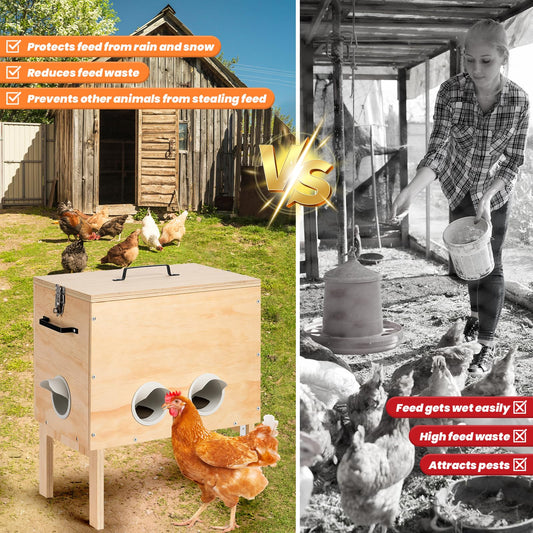 Automatic Chicken Feeder, 40 lb Capacity 6 Port Wooden Chicken Feeders with Locking Lid & Handle for Chickens, Geese, Ducks, Turkeys, Quails