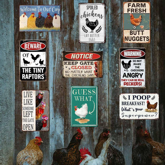Funny Chicken Coop Signs Outdoor Decor - Personalized Metal Farm Signs for Outdoors, Vintage Chickens Tin Sign 8x12 Inches (9-Pack) - Chicken Gifts for Chicken Lovers, Farmhouse Yard Fence & Garden Wall Decor