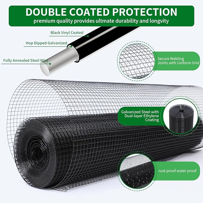 Black Hardware Cloth 19 Gauge 1/2 inch 36 inch x 50 Foot Chicken Wire Fenceing Roll PVC Coated Wire Mesh Vinyl Coated Fence for Chicken Coop Garden Fencing Rat Wire Mesh