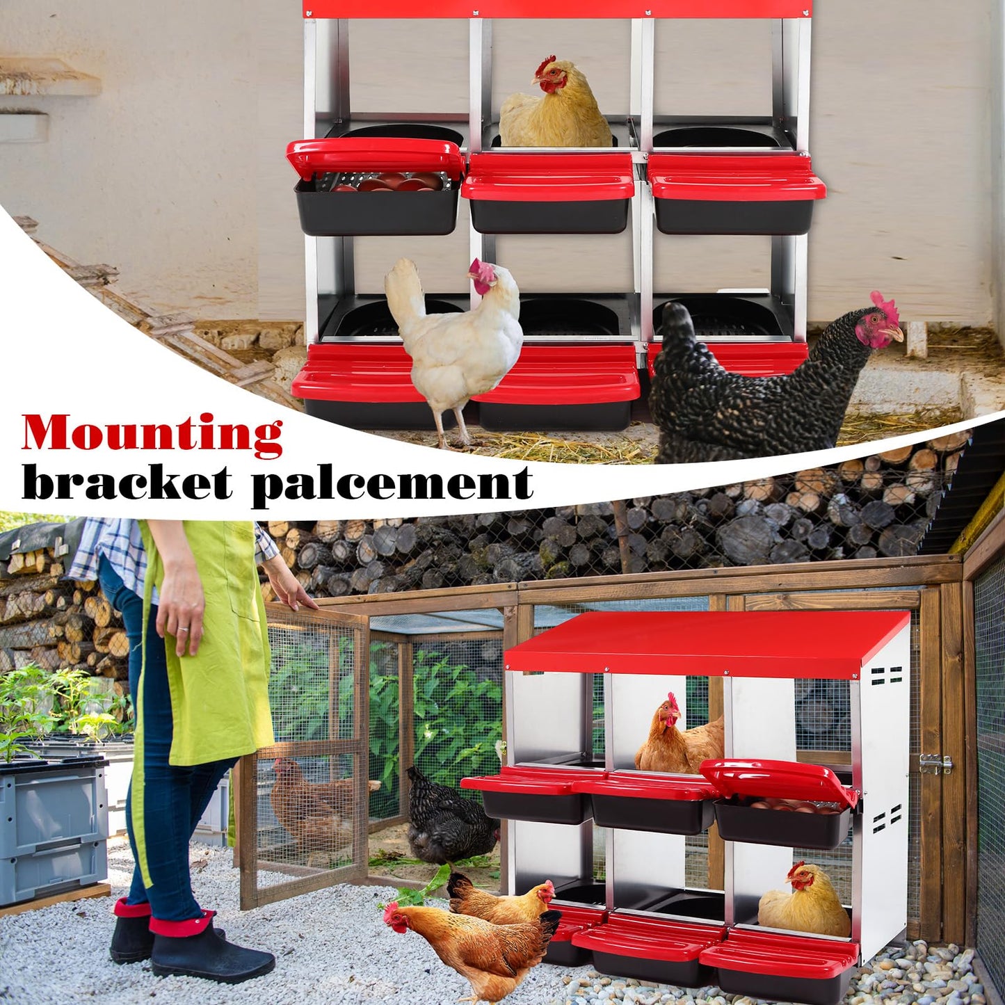 Chitidr Chicken Nesting Box, 6 Compartments Metal Chicken Laying Box with Roll Away Egg Collection and Perch, Rust Proofed Wall Mount Poultry Nesting for Hens Red
