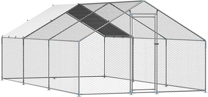 VEVOR Large Metal Chicken Coop, 19.7x9.8x6.5ft Walk-in Chicken Runs for Yard with Cover, Spire Roof Hen House with Security Lock for Outdoor and Backyard, Farm, Duck Rabbit Cage Poultry Pen