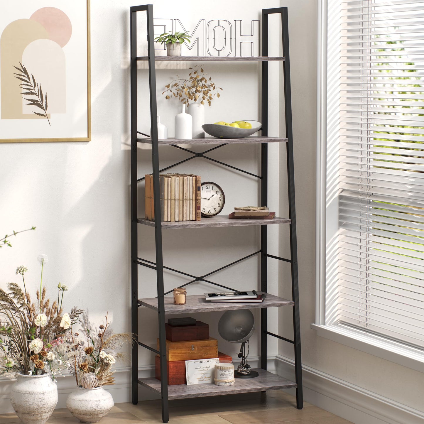 Yusong Ladder Bookshelf, Bookshelf Ladder Shelf, 5-Tier Bookshelf for Bedroom, Industrial Book Shelves Storage Rack with Metal Frame for Home Office, Rustic Brown, Gray