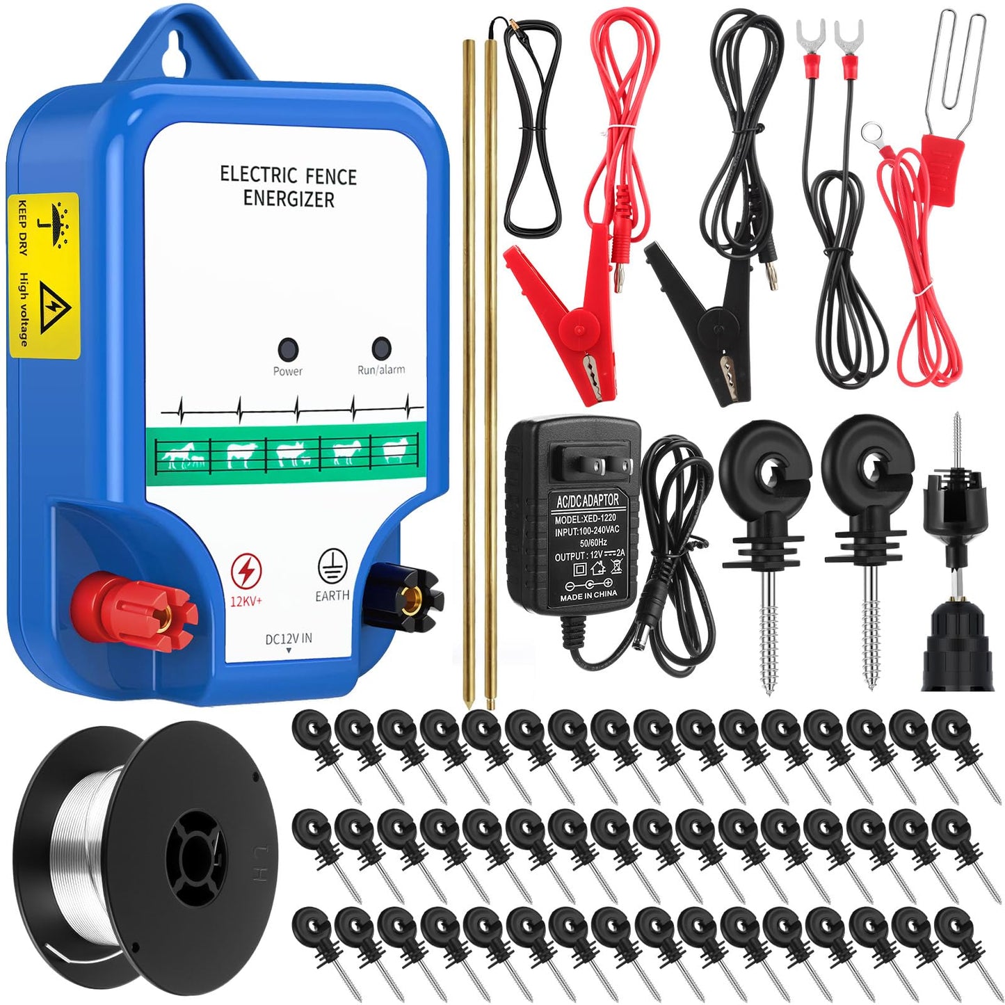 MorningRo 8-Mile Electric Fence for Preventing Animals Intruding, 12000V 2Joule Electric Fence Charger Kit for Livestock Control, 50 Insulator, Socket Tool, 250ft Aluminum Wire(Classic Ver.,Blue)