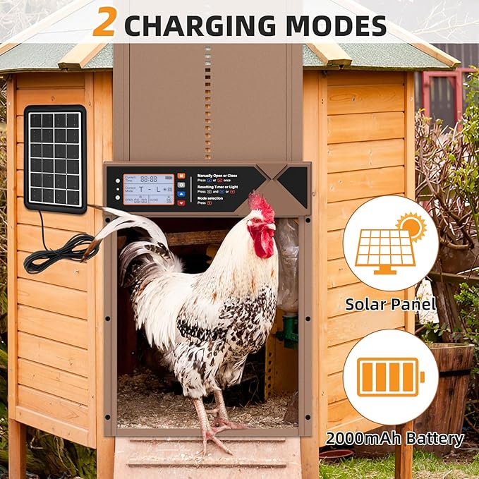 Automatic Chicken Coop Door, 4 Modes LCD Display Chicken Coop Door Solar Powered with Timer & Light Sensor, Aluminum Alloy Automatic Chicken Door with Anti-Pinch, IPX45 Waterproof