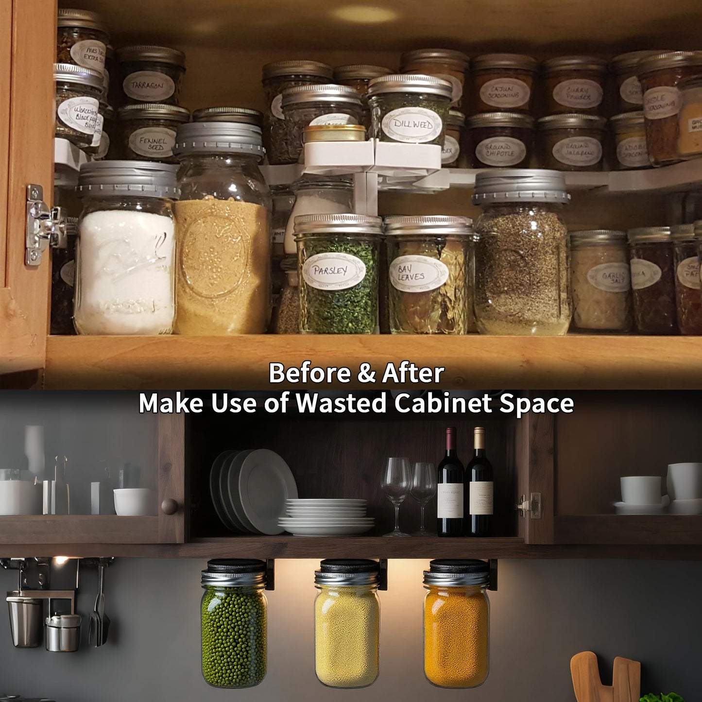 Mason Jar Storage Rack for Under Shelf, 2 Pack Holds 6 Wide Mouth Mason Jars, No Drill or Screw Mount, Kitchen Cabinet & Pantry Space Saver, Easy Access Sliding Design(Wide Mouth)