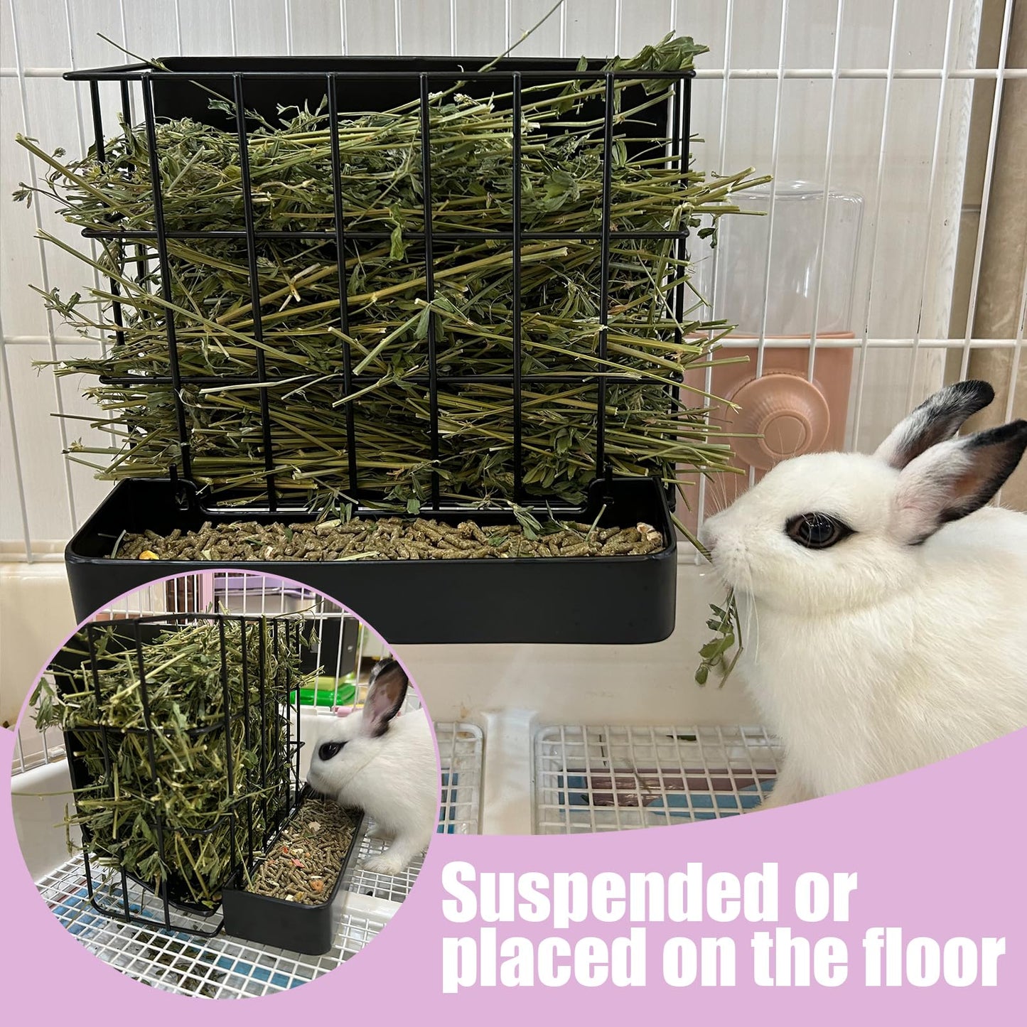 Rabbit Hay Feeder Guinea Pig Hay Holder with Hook Heavy-Duty Metal,Internal Sloping Design，Hay Feeder for Bunny,Rabbit，Chinchillas,Comes with Two Multifunctional Zippers
