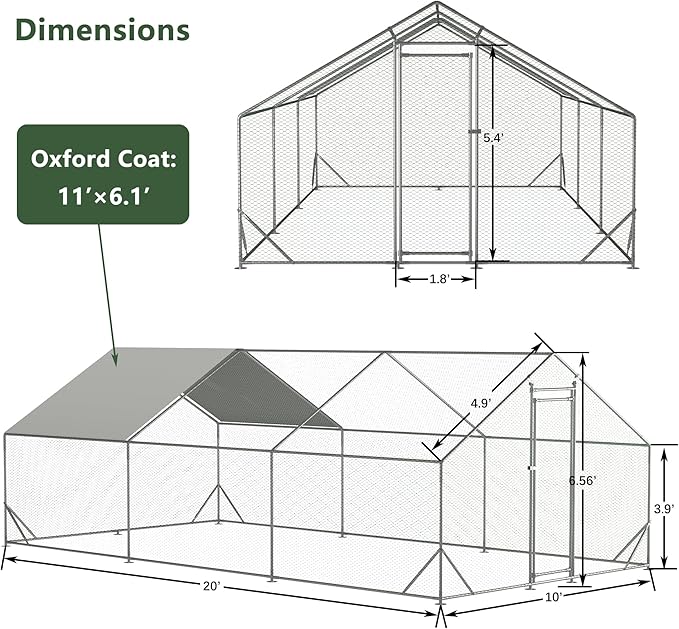 Large Chicken Coop,Metal Chicken Run for Yard with Door,Outdoor Galvanized Wire Poultry Chicken House with Waterproof and Anti-UV Cover,Duck Rabbit Cage (10' L x 20' W x 6.56' H)