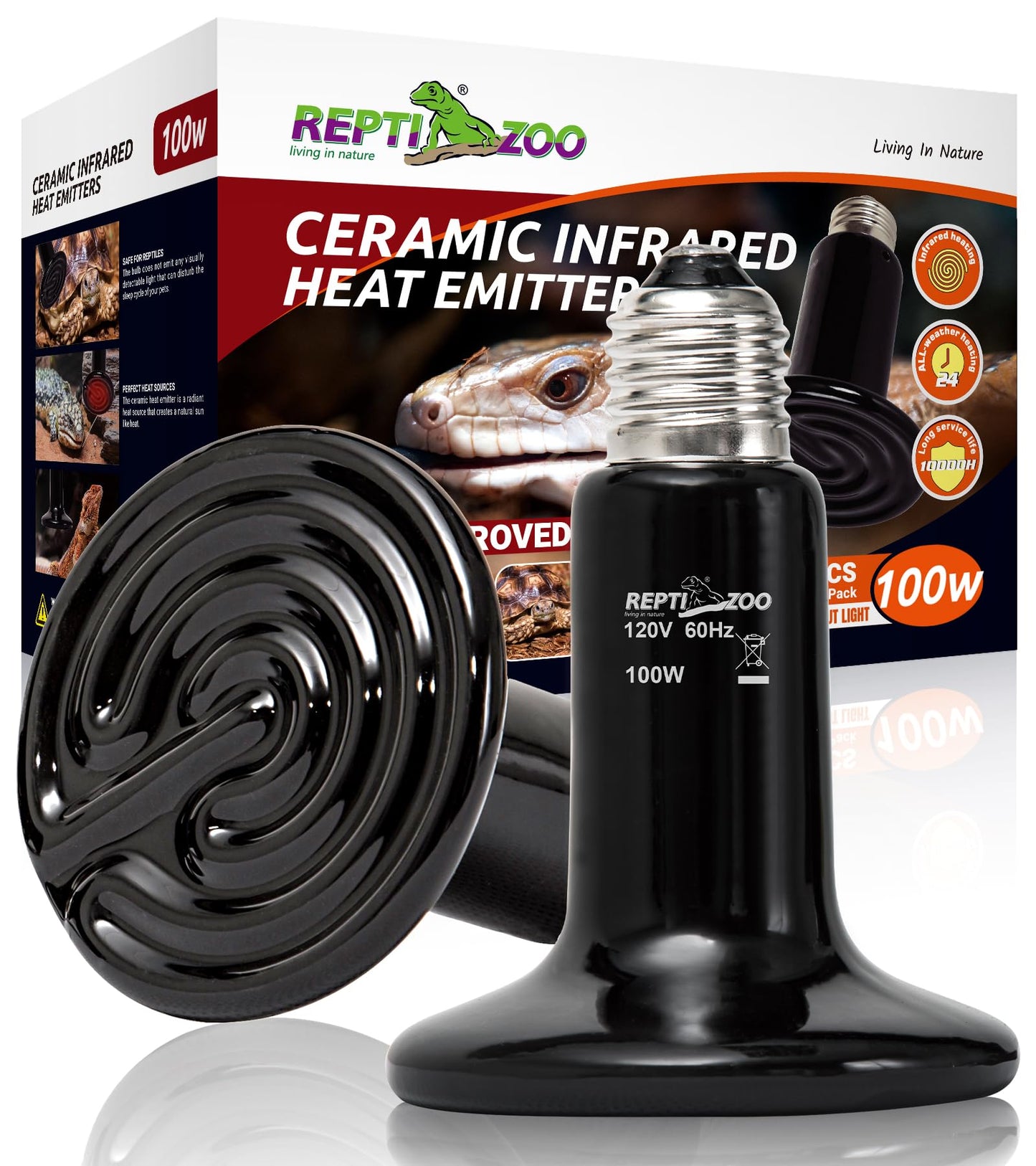 REPTI ZOO 100W Reptile Heat Lamp 2Pack Ceramic Heat Emitter Night Heat Lamp Bulbs Reptile Terrarium Heat lamp Tank Heat Bulb for Turtle Bearded Dragon Gecko Lizard Snake Chicken E26