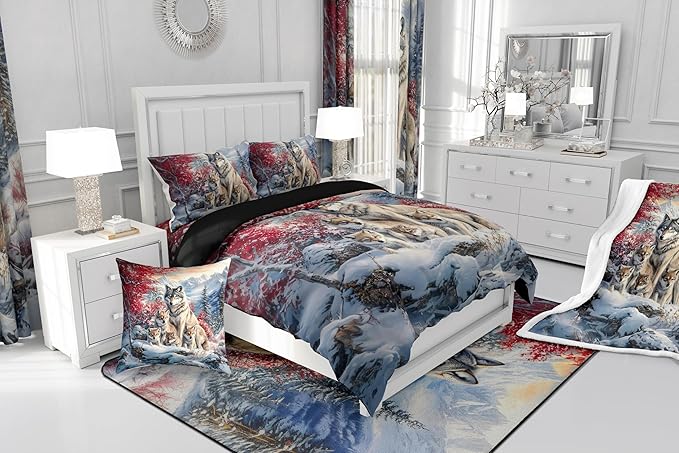 Wolf Family Comforter Sets Queen Size,Animal Wolves Printed Bedding Comforter Sets,Winter Wildlife Quilt Sets for Adult Bedroom Decor,Watercolor Natural Landscape quilt set Insert with 2 Pillowcases