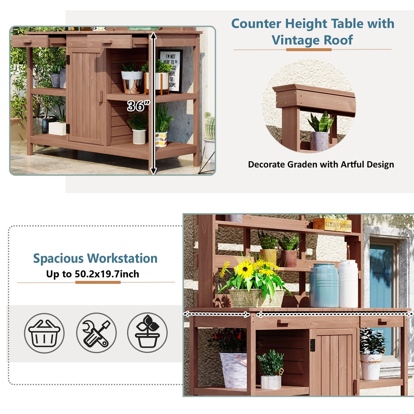 Merax 66" Large Outdoor Farmhouse Wooden Potting Bench Table, Garden Workstation with 2 Drawers, Cabinet, and Open Shelves for Backyard, Mudroom, Brown
