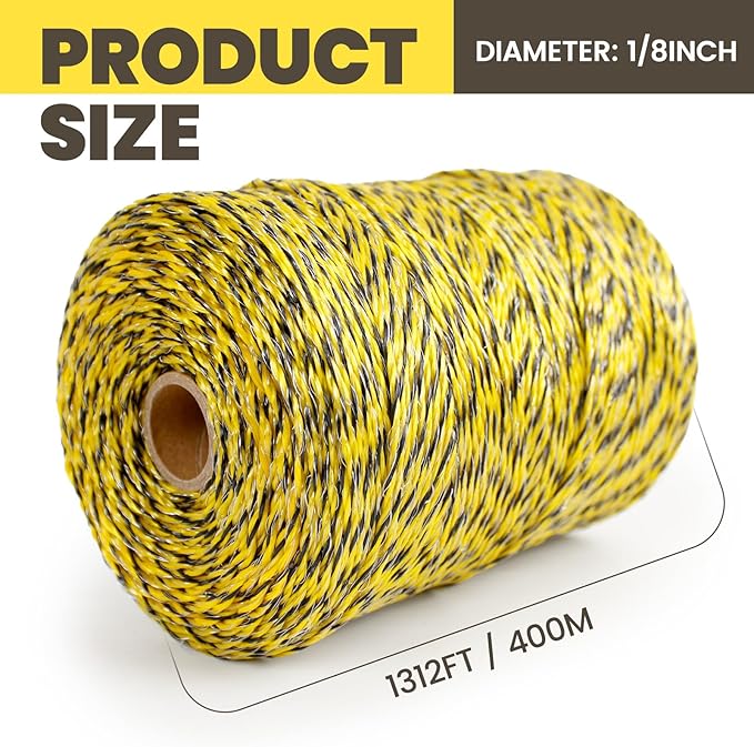 Electric Fence Wire 1/8'' 1312 Feet/400 Meters, UV Wear Rust Resistant, Portable Polyrope Electric Fence Polywire for Livestock, Upgraded 6 Stainless Steel Strands Conductors