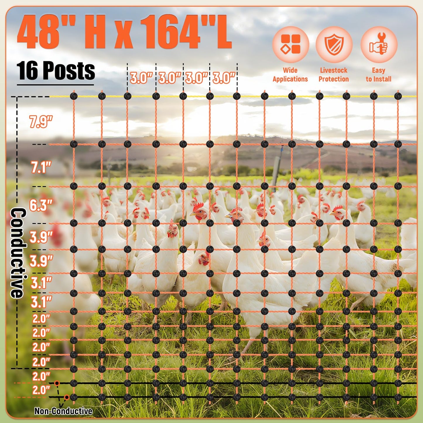 Electric Fence Netting, 48" x 164' Electric Chicken Fence with 16 Posts 2 Spikes, Portable Electric Poultry Netting for Chicken, Duck and Goat, Anti-Predator Electric Fencing in Farms, Ranches