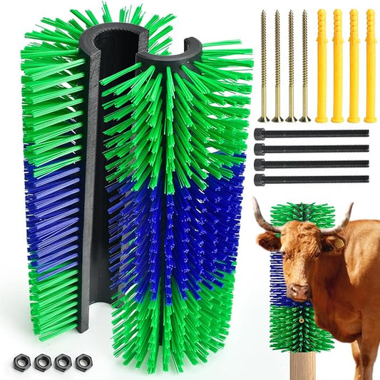 CONLI 2 PCS Livestock Scratching Brush with 4 Screws,Horse Brush with Plastic Bristles for Grooming,Cow Scratcher Goat Scratching Post,Full Massage Grooming Brushes for Horse Cattle (Green + Blue)