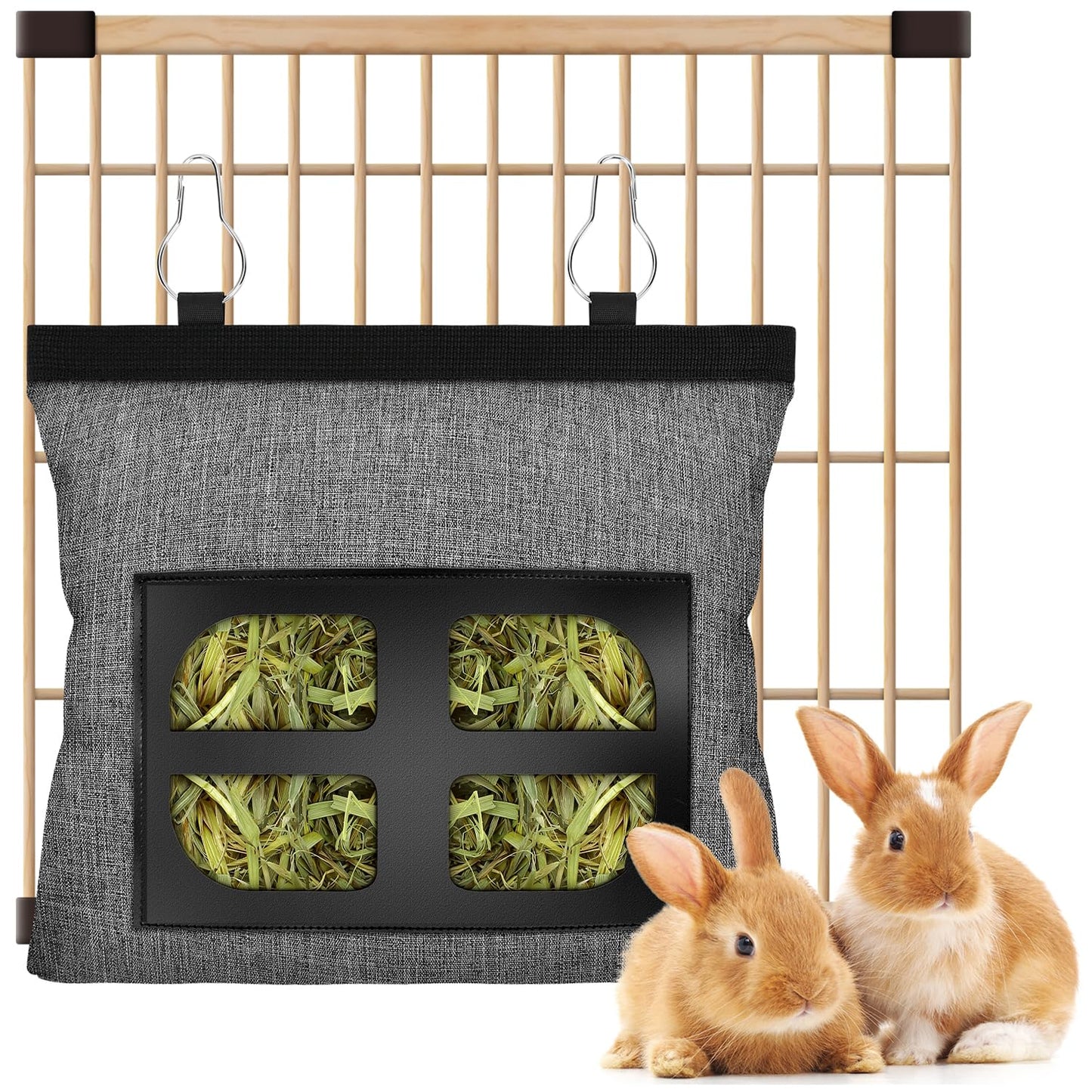 Rabbit Hay Feeder.Guinea Pig Hay Feeder.Bunny Hay Feeder.Rabbit Hay Feeder Bag, Bunny Hay Bag for Rabbits,4 Holes Rabbit Hay Feeder Fabric Bag (Gray)