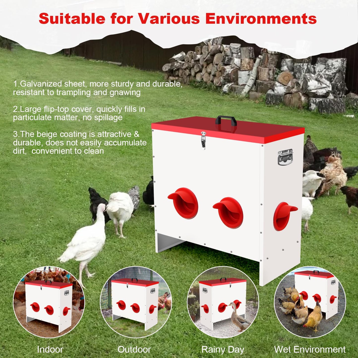 Qdreclod Professional Automatic Chicken Feeder (50LB) - 6 Port Metal Chicken Feeder，Large Capacity Automatic Poultry Feeder System, No Waste Poultry Feeder with Locking Lid for Chickens, Ducks&Poultry
