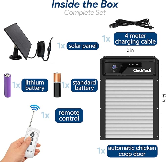 Automatic Chicken Coop Door - with 1080p Camera - Solar Powered - 5000mAh Battery - App Remote Control and Opener with Timer - Auto Open/Close - Heavy Duty - Night Vision - Alarm Drive