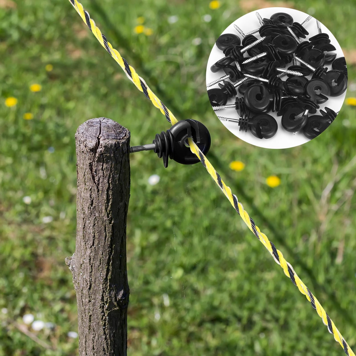 Kanayu 52 Pcs Electric Fence Kit Include 1640 ft Poly Wire 25 Black Fence Ring Insulators 25 Yellow T Post Insulators Socket Tool for Pet Animal Horse Cattle Livestock Pasture