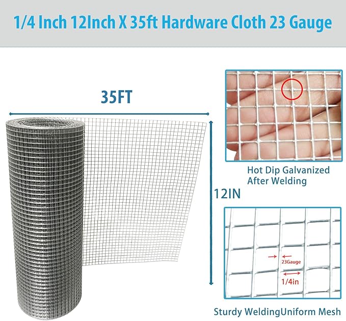 Galvanized Hardware Cloth 1/4 Inch 23 Gauge - 12" x 35ft Heavy Duty Welded Wire Mesh, Hot-Dip Galvanized After Welding for Durability - Chicken Fence, Garden Fencing, Rabbit Barrier, DIY Crafts