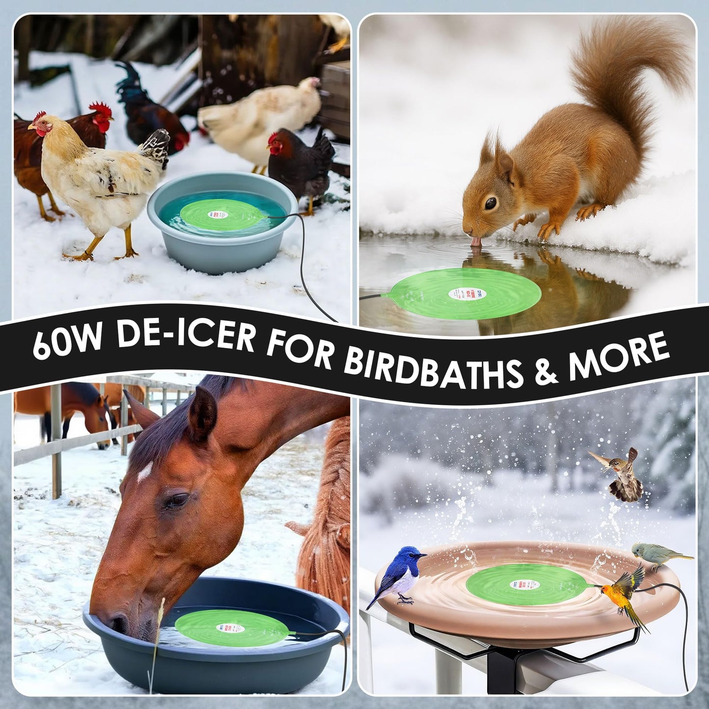 Dreyoo 60W Bird Bath Heater, Submersible De Icer for Outdoor Winter Use, Thermostatic Control, IP65 Waterproof, Chicken Water Heater for Birds, Poultry, Livestock, Wildlife Drinking