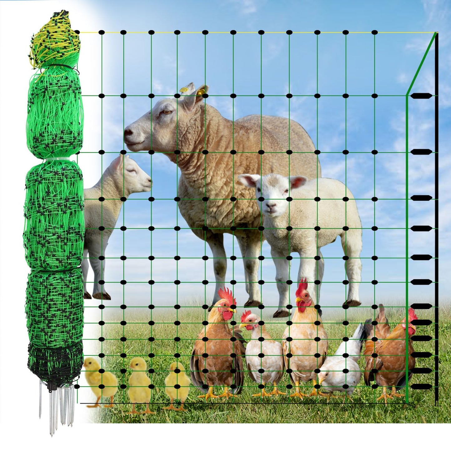 My Animal Command Premium 47” x 164’ Electric Poultry Fence Netting Pre-Assembled, 14 Posts Portable Semi-Rigid Suitable for Multiple Animals in Ranches Farms and Backyards