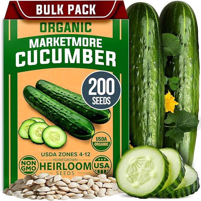 HOME GROWN Organic Cucumber & Cherokee Purple Tomato Seeds – 200 Marketmore Cucumber Seeds + 106 Heirloom Tomato – Non-GMO, High Germination Rate, Ideal for Raised Beds & Containers, USA-Sourced