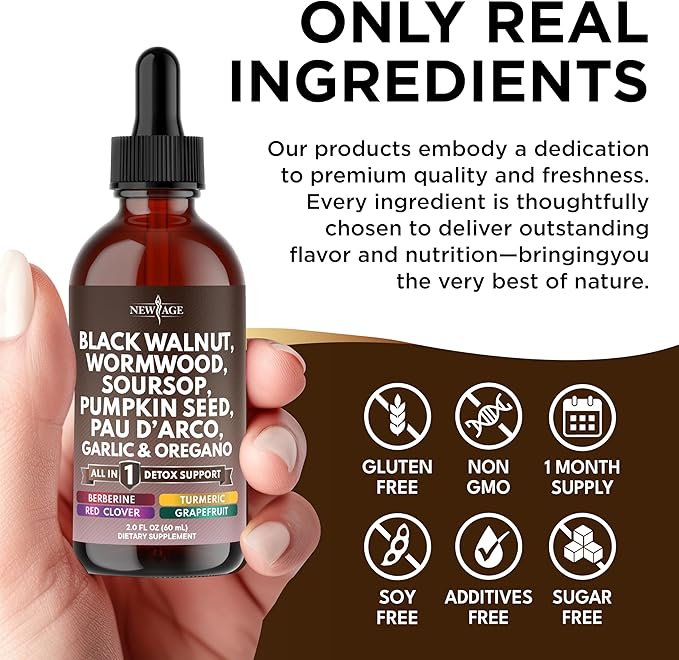 Black Walnut Wormwood Cleanse Drops - Liquid Soursop, Garlic, Pumpkin Seed, PAU D'Arco, Oil of Oregano, Turmeric, Berberine, Neem Extract, Hull Bark, Tincture - 8oz