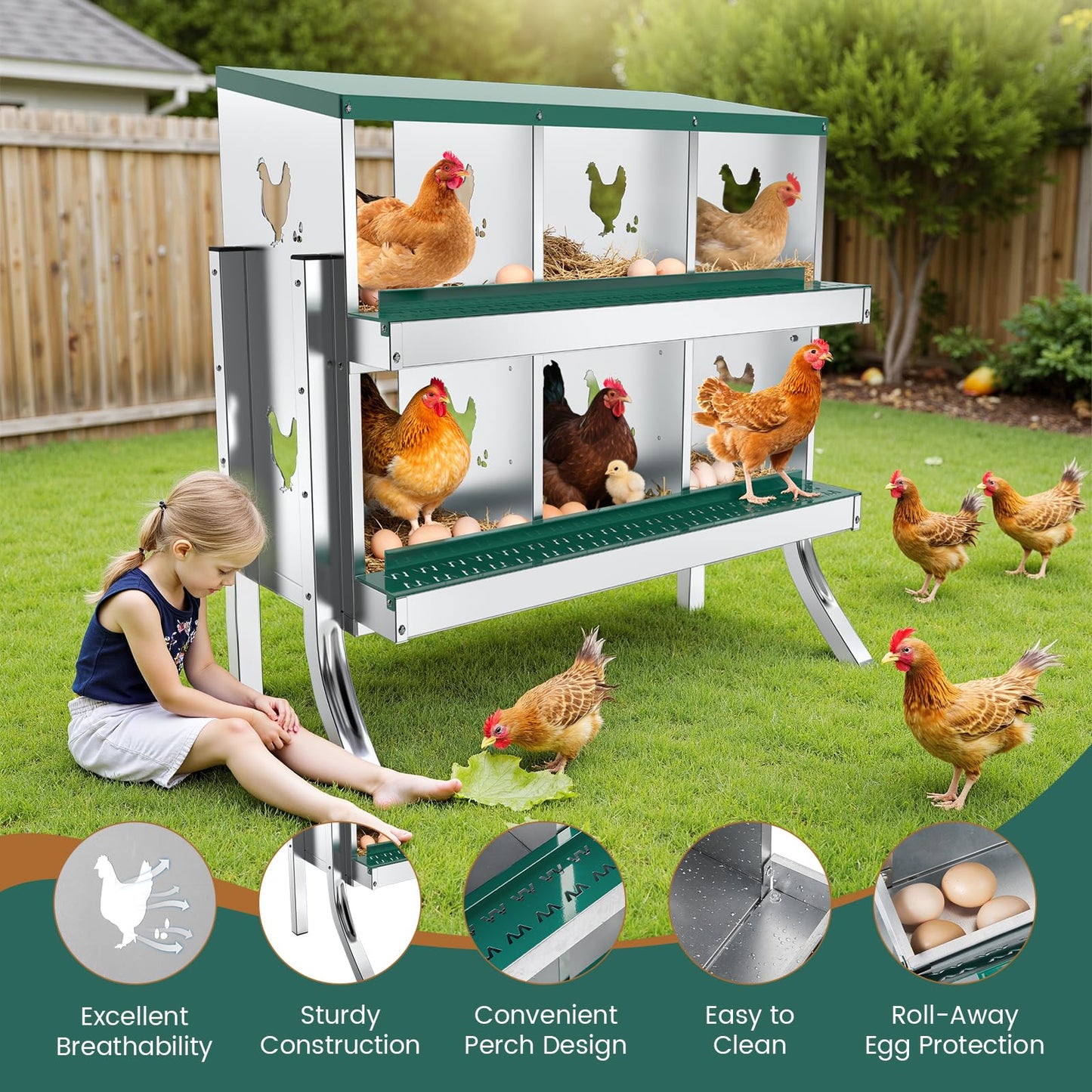 POWLAB 6 Compartment Chicken Nesting Box with Elevated Metal Legs - Heavy Duty Roll Away Egg Collection, Secure Lid & Perch - Versatile Wall Mount or Free Standing Design for Chickens, Hens, Ducks