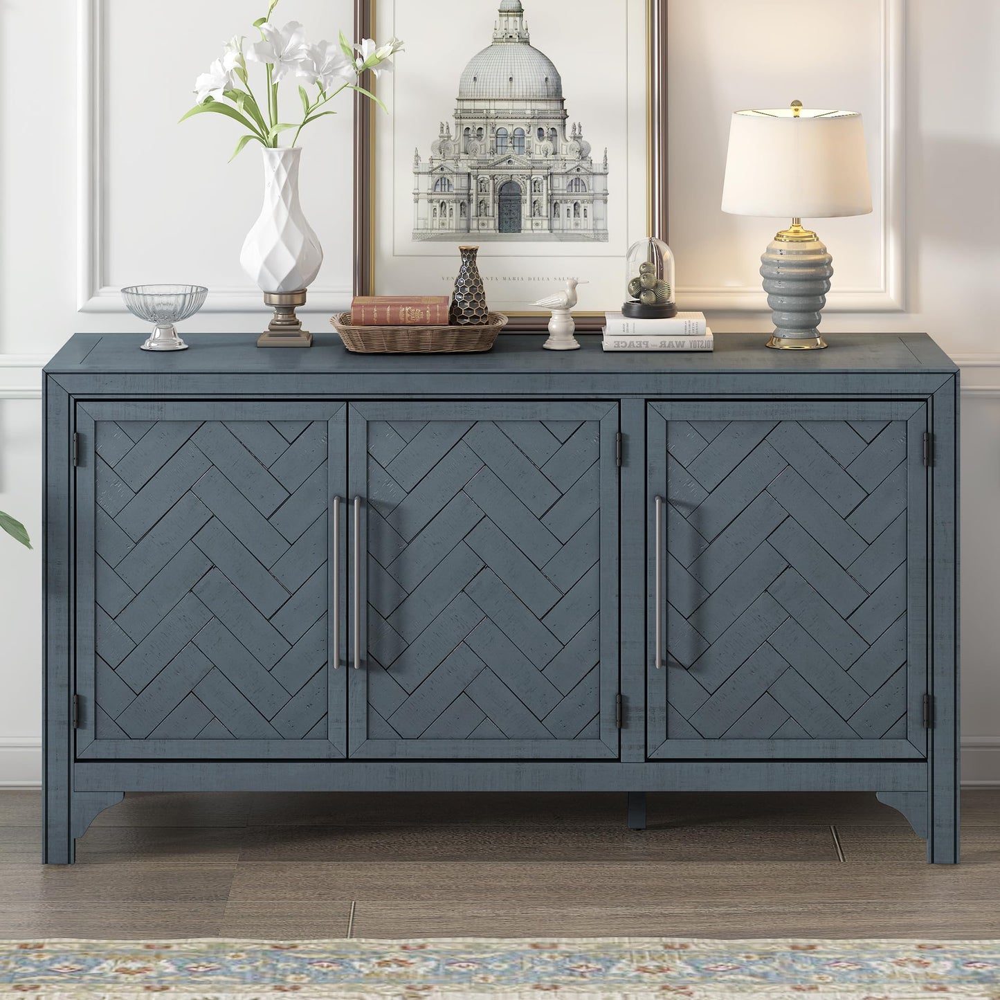Merax Modern Rustic Wood Buffet Sideboard with Metal Handles, 3 Doors Coffee Bar Cabinet TV Stand for Bedroom Living Room Dinning Room Kitchen Navy Blue