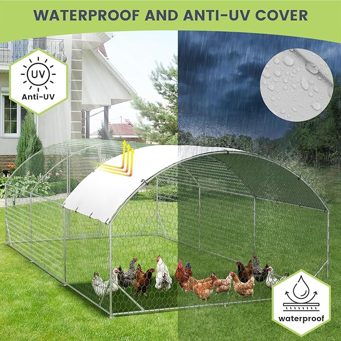 Large Metal Chicken Coop, Upgrade Tri-Supporting Metal Chicken Run, Large Chicken Pen with Waterproof and Anti-UV Cover, for Duck Rabbit House Outdoor (9.8' W x 19.7' L x 6.5' H)