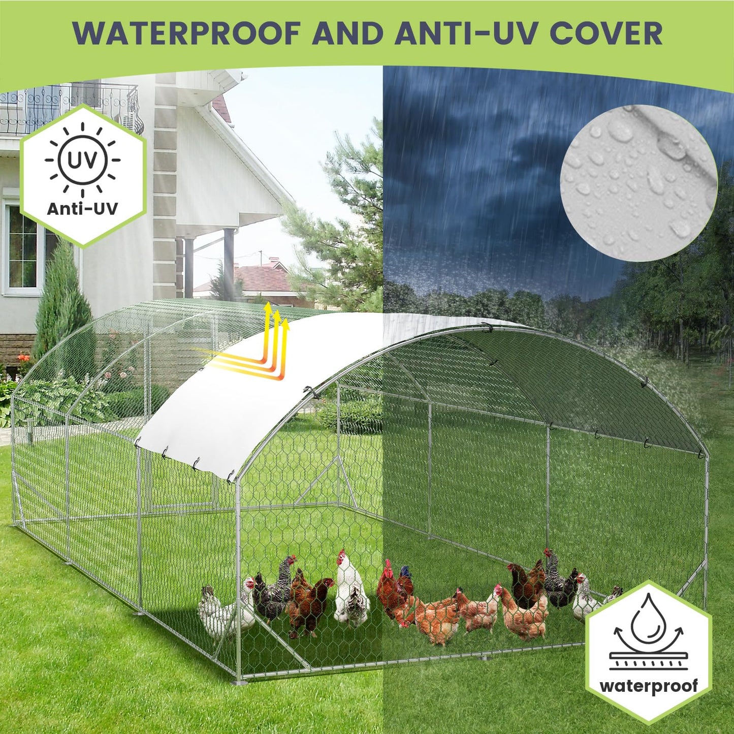 VerisShade Large Metal Chicken Coop, Upgrade Tri-Supporting Metal Chicken Run, Large Chicken Pen with Waterproof and Anti-UV Cover, for Duck Rabbit House Outdoor (9.8' W x 19.7' L x 6.5' H)