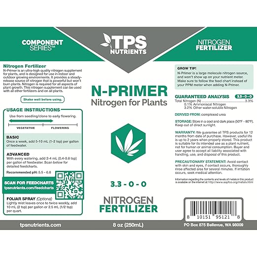 TPS NUTRIENTS N-Primer Nitrogen Supplement for Fast Vegetative Growth, Promotes Dark Green Leaves 8 oz (250mL)