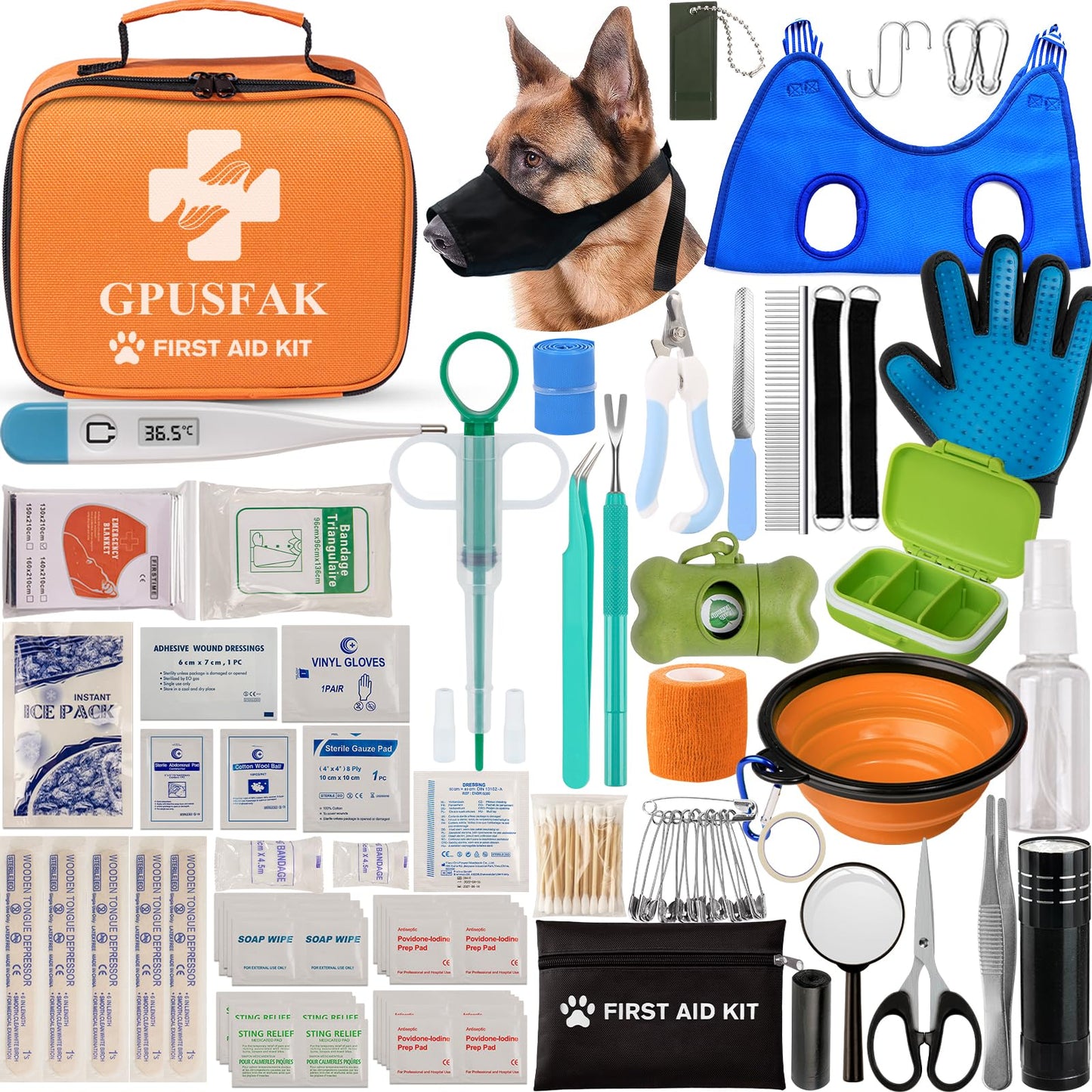 GPUSFAK Dog First Aid Kit - Pet First Aid Kit for Dogs Pet Emergency Kit with Grooming Hammock Harness Nail Clipper First Aid Supplies for Home Camping