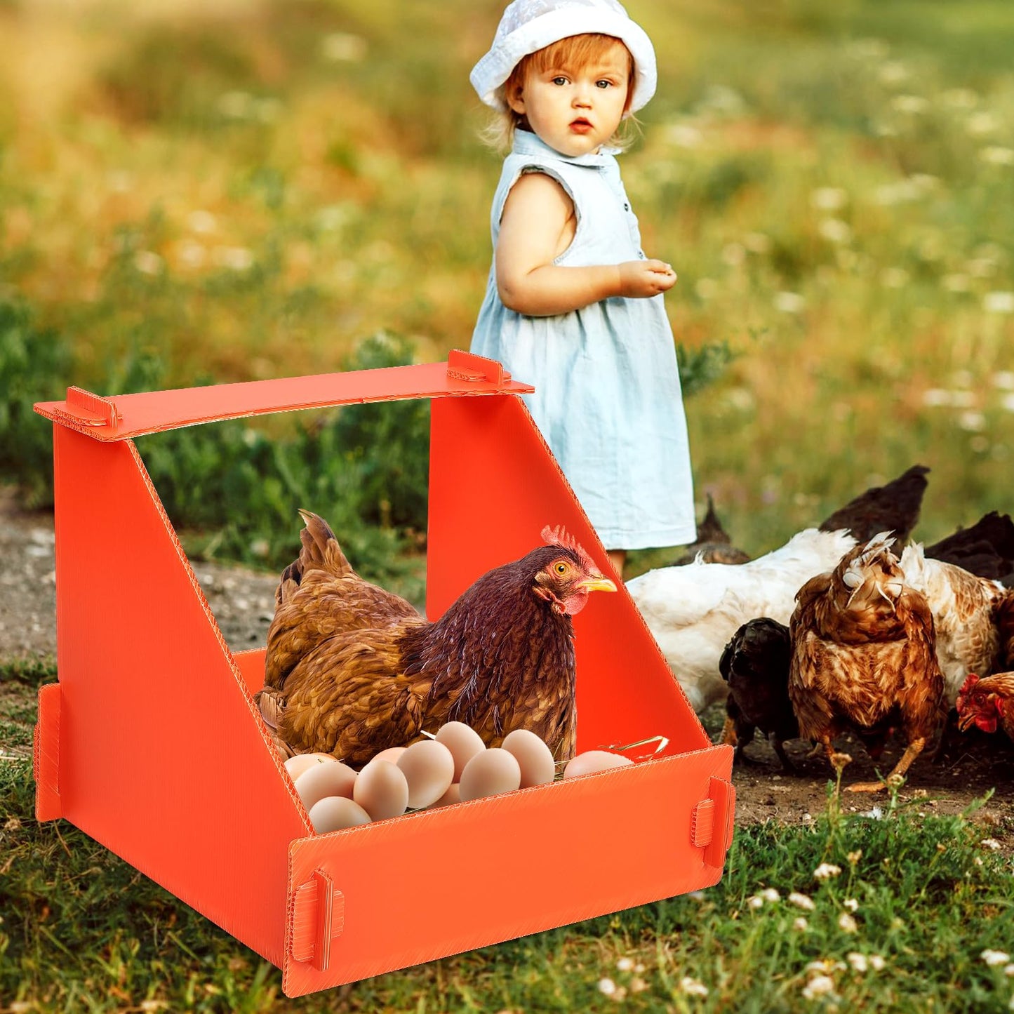 EARTHSON Orange 4 Pack Nesting Boxes for Chickens, Plastic Chicken Coop with 1 x Chicken Feeder, Indoor/Outdoor Use